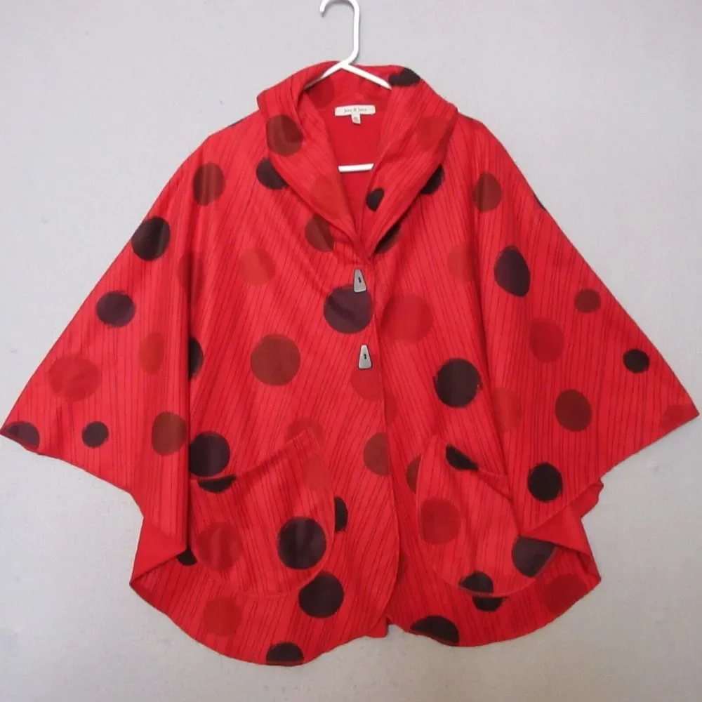 Jess & Jane Poncho Women Medium Red Dancing Dots Pockets Shawl Fleece Artsy Cozy